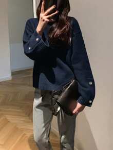女式简约圆领纽扣袖口设计毛衣，秋冬 - 藏蓝色 - 查看 5