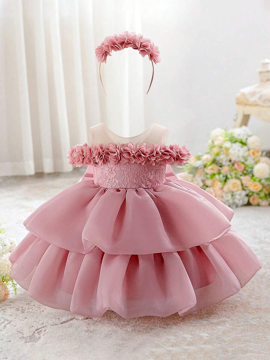 Baby Girls Sleeveless Lace Ruffled Back Bow Organza Cute Puff Flower Girl Dress, Suitable For Wedding, Birthday Party, Outing - Bụi hồng - Xem 1