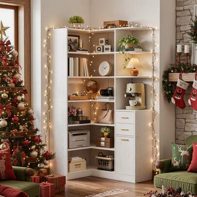 Corner Bookshelf, 76" Tall Corner Bookshelves, 6 Tiers L-Shaped Bookcase With 10 Open Shelves And 2 Storage Drawers For Living Room Or Home Office