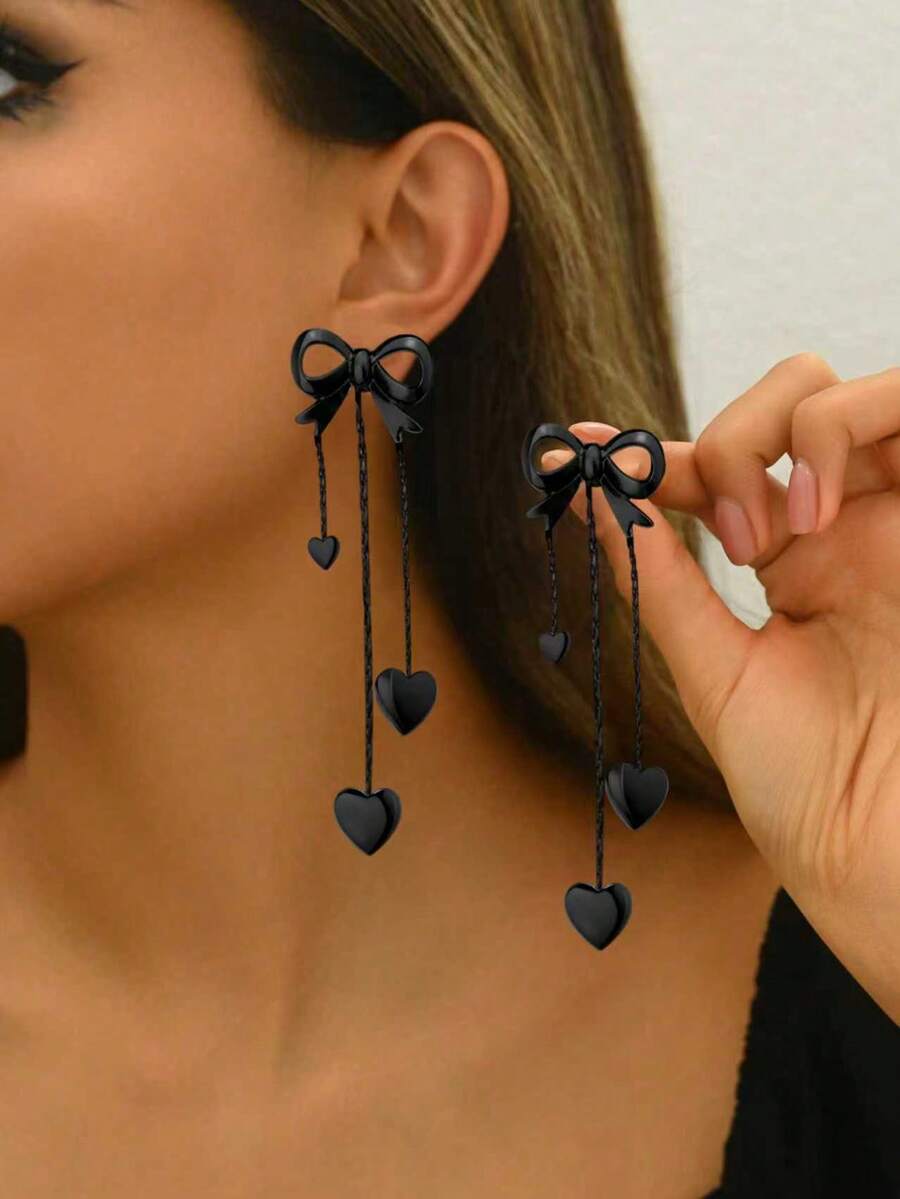 1 Pair Valentine's Gift Simple Clavicle Chain Tassel Heart & Bow Earrings