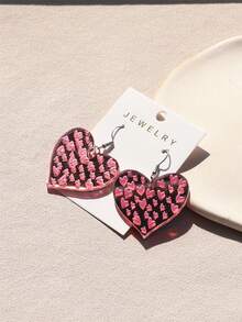 1 Pair Women's Valentine's Day Pink Small Heart Print Mirror Heart Shaped Acrylic Earrings, Sexy & Cute, Creates Gentle Ambiance - Multicolor - View 5