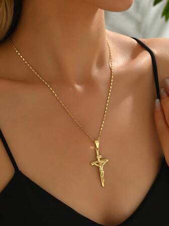 1pc Fashionable Minimalist Cross Jesus Pendant Necklace, Christian Element Women's Necklace, Delicate Cross Necklace For Women, Suitable For Daily Wear And Gift Jewelry