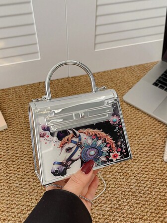 Glamorous Horse Print Acrylic Evening Bag - Shiny Mini Top-Handle Clutch With Chain For Party/Wedding Acrylic Evening Bag Horse Print Clutch Shiny Mini Handbag Top-Handle Party Bag Chain Crossbody Evening Bag Glamorous Banquet Purse Fashion Acrylic Handbag Women's Cocktail Clutch