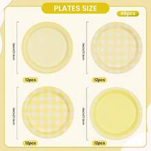 48 platos de papel amarillo para postres de cumpleaos, 17, 8, desechables, con patrn de cuadros a cuadros, para cumpleaos, showers, bodas, camping y fiestas temticas, 4 diseos diferentes - 48 + Patrón de cuadros amarillos - Ver 3