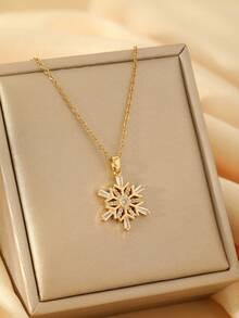1pc Fashionable High-End Versatile Cubic Zirconia Embedded Minimalist Snowflake Pendant Necklace, Elegant Women's Necklace Decoration Gift, Exquisite Pendant Necklace, Copper Women's Pendant Necklace, Especially Suitable For Christmas - Yellow Gold - View 12