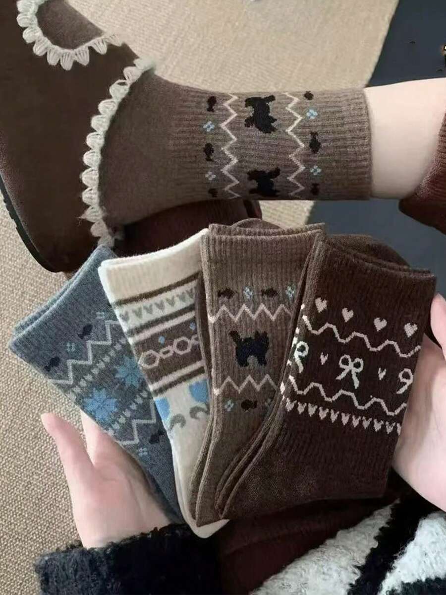 4 Pairs Women's Thick Warm Fair Isle Pattern Mid-Calf Socks, Versatile Ins-Style Socks For Autumn/Winter - Multicolor - View 1