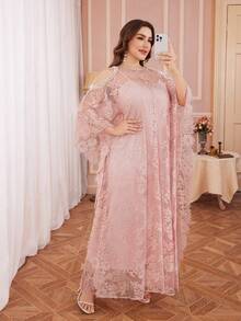 French Plus Size Retro Lace Trim Round Neck Beaded Embellished Dress With Adjustable Strap Slip Dress, Romantic 2 Pieces Set Pink Spring - Pink - View 5