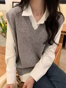 Chaleco de punto con cuello en V de color liso para mujer, adecuado para ocasiones cotidianas. - Gris - Ver 4