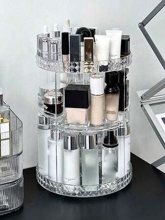 1pc Rotating Cosmetic Storage Box, Transparent Diamond Pattern Vanity Organizer For Skincare, Lipstick, Desktop Storage Rack