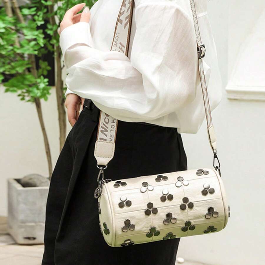 Bolso bandolera con tachuelas para mujer, moderno, ligero, con cremallera, ideal para el trabajo y viajes. - Blanco - Ver 1