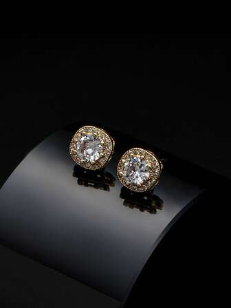 1 Pair Rectangular Geometric Shaped Earrings With Embedded Colorful Cubic Zirconia Stones, Suitable For Matching Various Outfits For Men