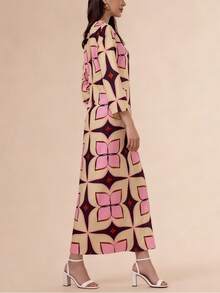 女士优雅几何印花V领宽松七分袖长款连衣裙，奢华优雅的斋月装扮 - 彩色 - 查看 2