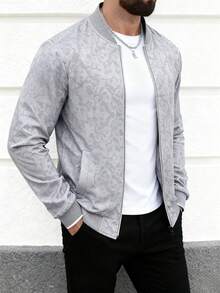 Herren Outdoor Sportjacke, Fliegerjacke, mit Stahlprägung Phoenix Muster, modische vielseitige Bomberjacke - Grau - Übersicht 8