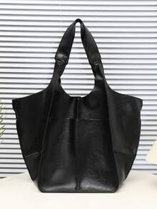 新款秋冬时尚超大容量手提包 女士小众单肩便携复古大包 简约慵懒风通勤旅行购物袋 休闲旅行行李袋 外出腋下包 多功能多色 - 黑色 - 查看 1