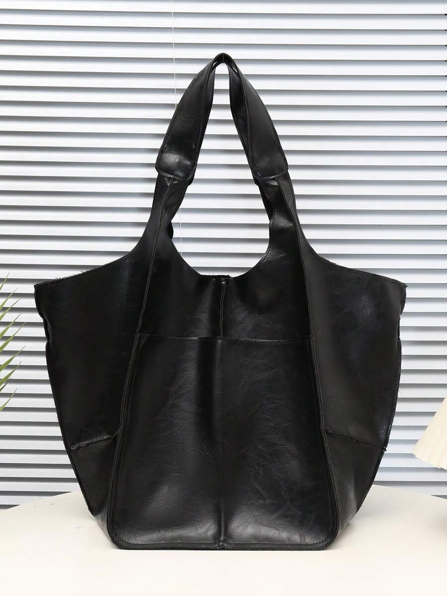 新款秋冬时尚超大容量手提包 女士小众单肩便携复古大包 简约慵懒风通勤旅行购物袋 休闲旅行行李袋 外出腋下包 多功能多色 - 黑色 - 查看 1