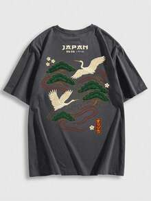 Men's Casual Versatile Simple Japanese Crane Print Short Sleeve T-Shirt