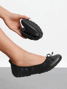 Women Flats Bowknot Foldable Ballet Flats Round Toe Light Weight Slip-On Wedding, Commute, Travel, Vacation Dress Shoes - màu đen - Xem 1