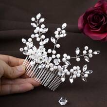 1pc Elegant Handmade Faux Pearl Leaf Bridal Hair Comb, Minimalist & Chic For Wedding, Party, Banquet - Silver - View 9