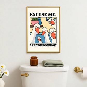 1pc Framed/Unframed Are You Pooping Funny Animal Canvas Poster Whimsical Silly Goose Bathroom Quirky Wall Art Print Toilet Decor Painting For Restroom,Apartment,Modern Home Decoration