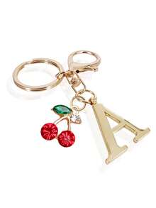 1pc High-End Elegant Gold Letter Keychain, Letter A-Z Three-Dimensional Pendant,Pair With Rhinestone Cherry Pendant, Fashionable Alloy Keychain Ring, Backpack Charm Car Keychain, Perfect Accessory For Women's Daily Use, Couple Gift, Classic And Simple Keychain, Decoration, Bag Accessories, Suitable For Giving To Friends, Family, Lovers, Girlfriends, Important Gifts, Holiday Souvenirs,Birthday Gifts, Christmas Gifts