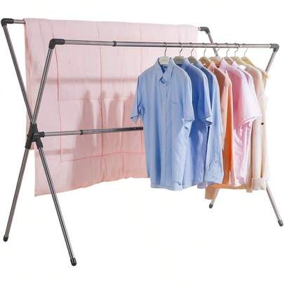 Double Poles Folding Clothes Drying Rack Stainless Steel Expandable Rods Space Saving Retractable Heavy Duty Garment Hanger Rail 37'' To 66'' Grey