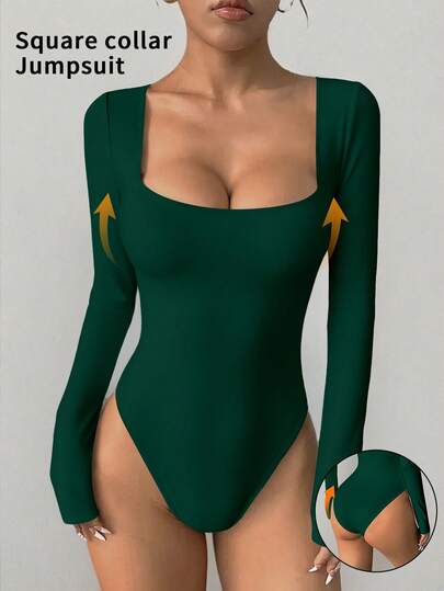 imisic Women's Sexy Solid Color Square Neck Bodysuit, Featuring A Square Neckline Design. This Is An Essential Basic Tight-Fitting Shapewear Style, Suitable For Outings. Slim-Fit Garment + Square Neck Tight Bodysuit + Suitable For Sports, Home, And Daily Activities. Ideal For Christmas, Valentine's Day Dates, Exuding A Spring Vibe