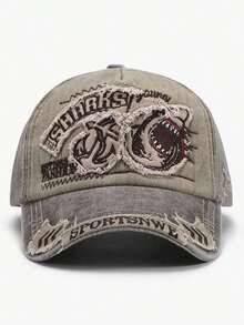 1pc Men's New Washed Shark Embroidery Outdoor Sports Baseball Cap, Street Style Large Circumference - 深藍色 - 查看 8