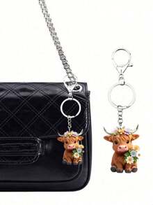 1 Set - Cute Highland Cow Acrylic Bag Charm, Floral Wreath Yak Charm, 2D Acrylic Decorative Pieces, Car Pendant, Adorable Cartoon Calf Keychain - Multicolor - View 1