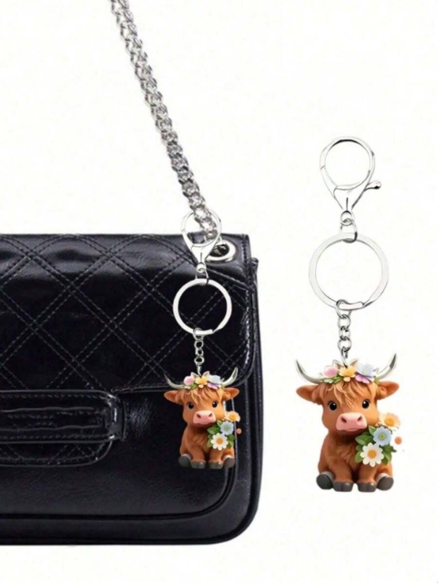 1 Set - Cute Highland Cow Acrylic Bag Charm, Floral Wreath Yak Charm, 2D Acrylic Decorative Pieces, Car Pendant, Adorable Cartoon Calf Keychain - Multicolor - View 1