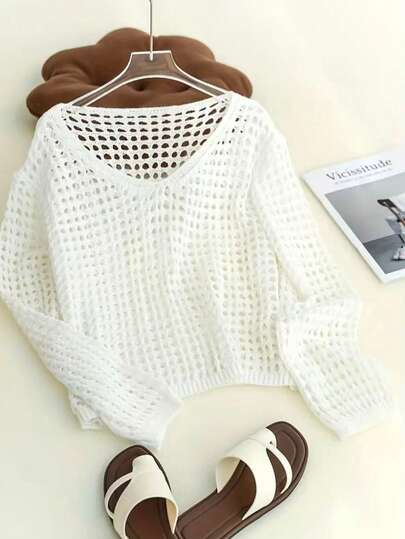 Women's Solid Color Hollow Out Sweater, Casual Vacation, Spring/Summer
