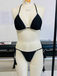 2026新款时尚优雅休闲扭结露背系带比基尼两件套，适合海滩和派对穿着 - 黑色 - 查看 2