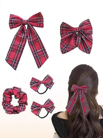 5Pcs Uniform Plaid Hair Bows, Uniform Hair Accessories For Women, Plaid Bow Clips Scrunchies, Costume Accessories (Dark Red)