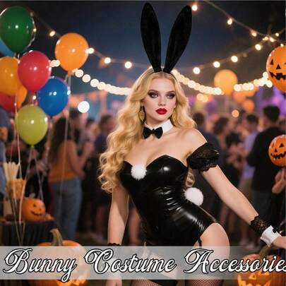 Set de diadema con orejas de conejo y cola negra para mujeres adultas - Accesorios de disfraz de conejo de terciopelo con diadema de orejas de conejo flexibles para Halloween, fiestas de cosplay