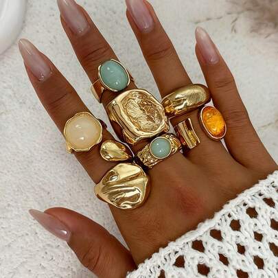 7pcs Vintage Fashionable Geometric Gemstone Inlaid Ring Set, Women's Chunky Gold Metal Rings Suitable For Daily Wear And Party Decoration, Jewelry Gift Set For Friends And Adults (Please Do Not Shower Or Forcefully Bend, Sizes May Vary, Choose Carefully)