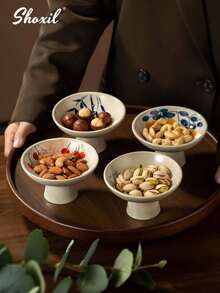 shoxil 1件高脚陶瓷碗，甜点盘，椰枣托盘，水果盘，兰花/柿子/竹叶图案，东亚文化风格，适用于家庭、餐厅聚会