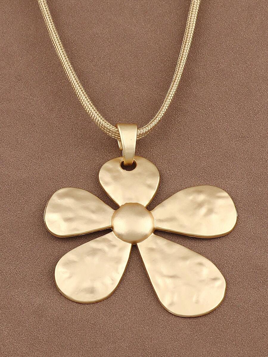 1pc Fashionable Silver & Gold Tone Asymmetric Hollow Square Pendant Necklace, Suitable For Women's Daily Wear, 18 Inches + 2 Inches Extension Chain - Flower - View 1