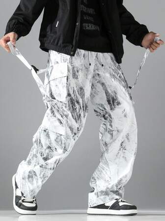 Digital Printed Snowy Mountain Landscape, Fashionable Functional Cargo Pants With Multiple Pockets And Straps, Streetwear Style, Comfortable Stretchy Fabric Suitable For Sports And Casual Wear, Straight Leg Design With Four Pockets, Elastic Waistband With Drawstring For Easy Adjustment