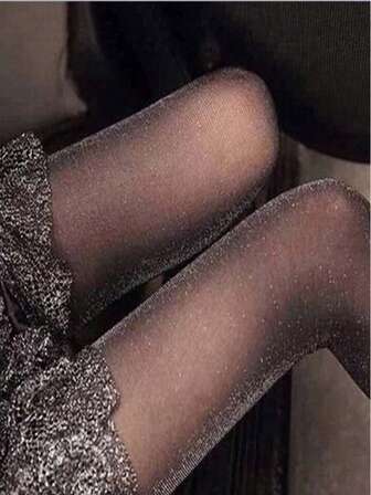 1 Pair Women's Shiny Silver Thread Glowing Pantyhose, Snag-Resistant Shimmery Tights