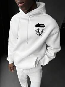 ONE WAVE Men's Autumn/Winter Funny Skull Element Print Fleece Lined Hoodie Sweatshirt - White - View 3