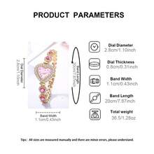 1 Set Damen Uhr mit rosévergoldetem kristallherz-förmigem Gehäuse Quarzuhr, passendes Herz-Anhänger Halskette, Ohrringe, Armband und Ring. Geeignet für den täglichen Gebrauch oder als Geschenk an Freunde und Familie (ohne Geschenkbox) - Heißes Pink - Übersicht 5