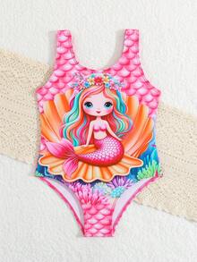 Maiô infantil de uma peça com estampa de sereia e alças finas. - Rosa - Ver 2