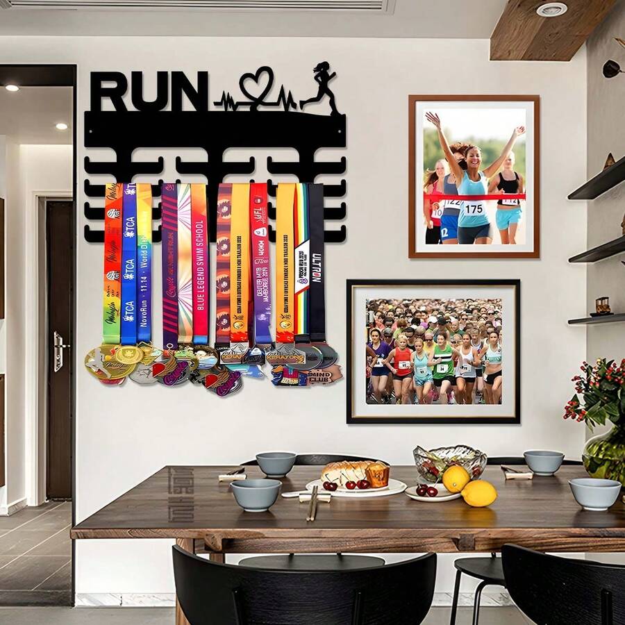 1pc Wall Mounted Running Medal Display Rack - Premium Metal Structure, Adjustable Hooks And Ribbon Holders, Suitable For Awards, Sports, Academic Honors And Competitions - Easy Installation, Space-Saving Design, Stylish Cup-Shaped Trophy Holder