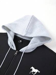 Men's Autumn/Winter Fleece-Lined Zip-Up Hoodie Jacket & Drawstring Waist Pants Set, Horse Print Patchwork Design, Casual Fashion Outfit With Pockets, Suitable As Gift For Husband/Boyfriend, For Street, Commute, Outdoor, Holiday - Multicolor - View 3