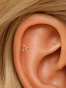 1Pc 925 Sterling Silver Elegant And Stylish Bow Cubic Zirconia Stud Earring Flat Back Cartilage Helix Piercing Fine Jewelry Suitable For Women'S Daily Wear Parties, And Wedding Occasions - Gold - View 3