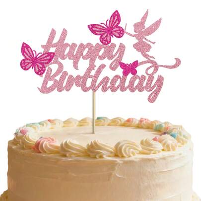 1pc Butterfly Themed Happy Birthday Cake Topper, Shiny Pink Butterfly Design, Suitable For Birthday Party And Celebration, Durable Decorative Accessory