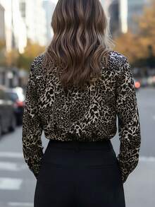 Women's Leopard Print Long Sleeve Shirt, Button Closure, Polyester Shirt Collar, Regular Fit - Black - View 5