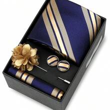 男士正式婚礼领带套装，涤纶面料领带，口袋巾，袖扣，胸针礼盒套装，金色格子图案 - 混色 - 查看 3