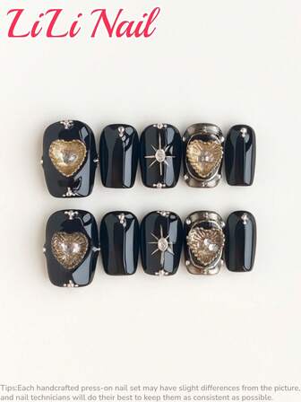 10 Pcs Handcrafted Acrylic Press On Nails, Nails Supplies, Square Nails, Press On Nails Short, Black Nails, Christmas Nails, Cheap, Cute Nails, 3d Nails, Fall Press On Nails, Party, Metallic Nail Art, Heart Shape, Nail Set, Acrylic Nail Kit, Gelx, With Nail Tools,