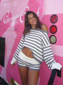 Women's Fold Over Waist Knitted Shorts Y2k Low Waist Striped Print Color Block Slim Fit Hot Pants Party Clubwear Going Out Sweater Shorts Loungewear Bottoms Stretchy Yoga Shorts Summer Casual Active Jogger Sweatshorts - 灰色 - 查看 7