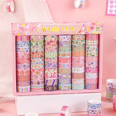 10/5件套可爱花卉和纸胶带，彩色粉色系列，混合图案（花朵、波点、条纹、爱心、星星、圆圈），适用于剪贴簿、剪贴簿用品、日记和手工制作，工艺用品 | 鲜艳图案 | 防水胶带 [混合发货]